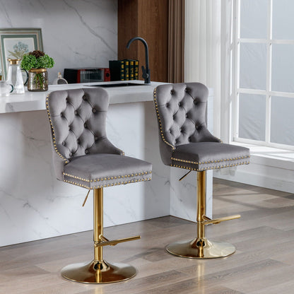 Bar stools tufted grey swivel with backs, adjustable 25–33 in, gold bases, set of 2 HouseOfZazla on Tampa Home & Garden Store