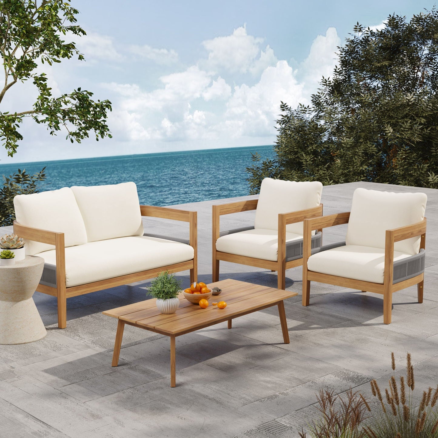 Porto Outdoor Acacia Wood Chat Set and Table