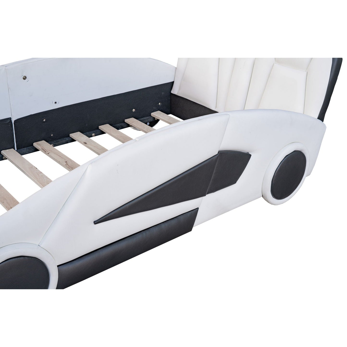 Race car shaped twin platform bed with wheels, white and black finish, pine wood frame on Tampa Home & Garden Store