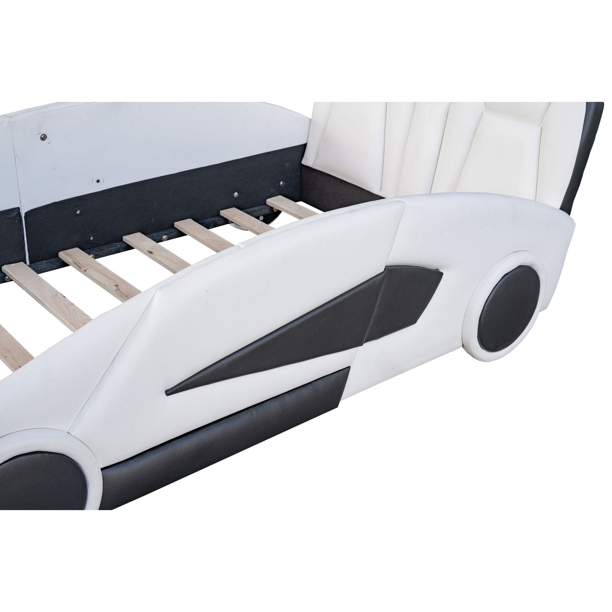 Race car shaped twin platform bed with wheels, white and black finish, pine wood frame on Tampa Home & Garden Store