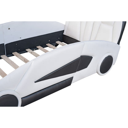 Race car shaped twin platform bed with wheels, white and black finish, pine wood frame on Tampa Home & Garden Store