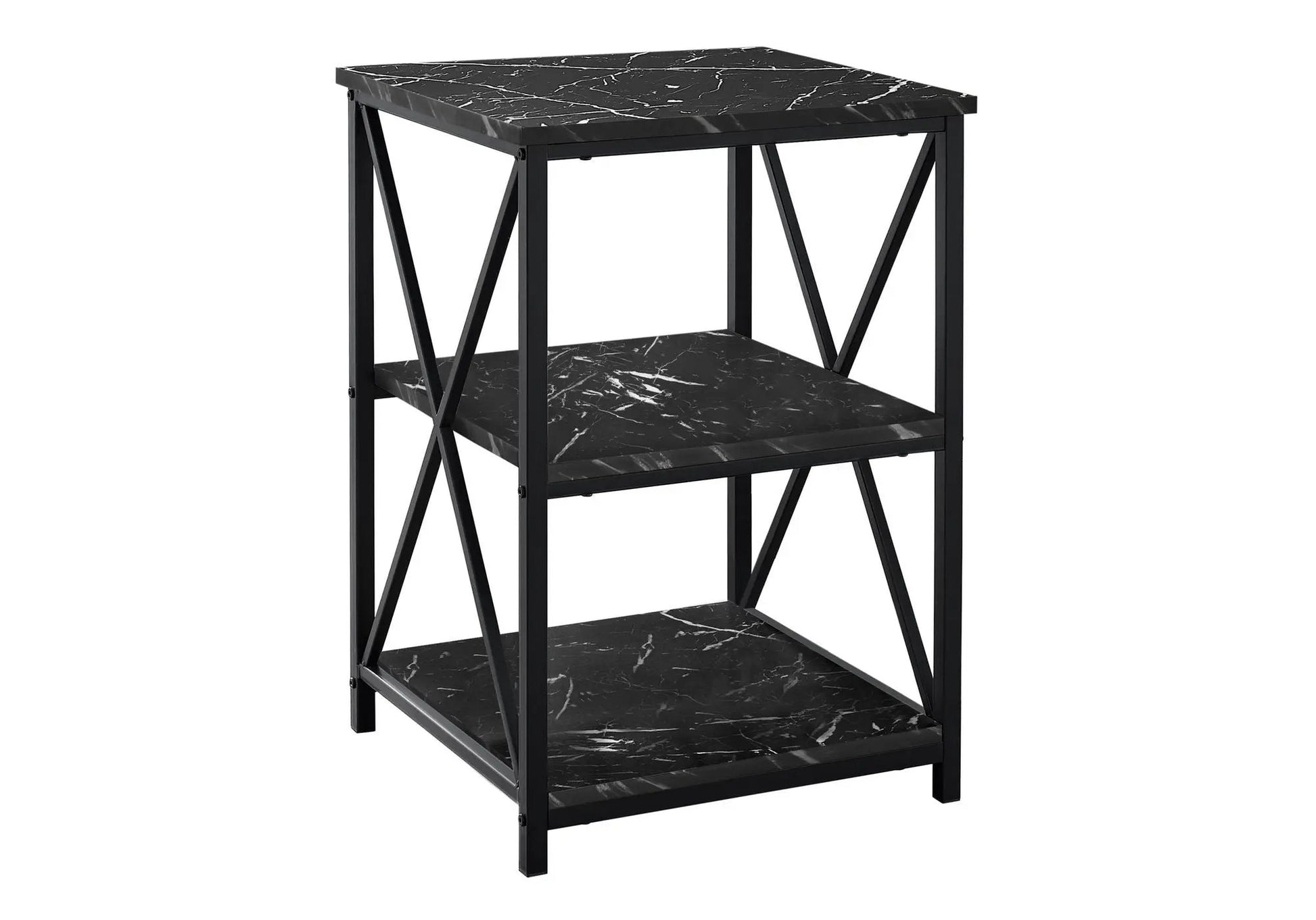 3 Tier Marble Look Accent Table with black metal frame and X-brace sides on Tampa Home & Garden Store