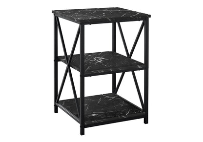 3 Tier Marble Look Accent Table with black metal frame and X-brace sides on Tampa Home & Garden Store