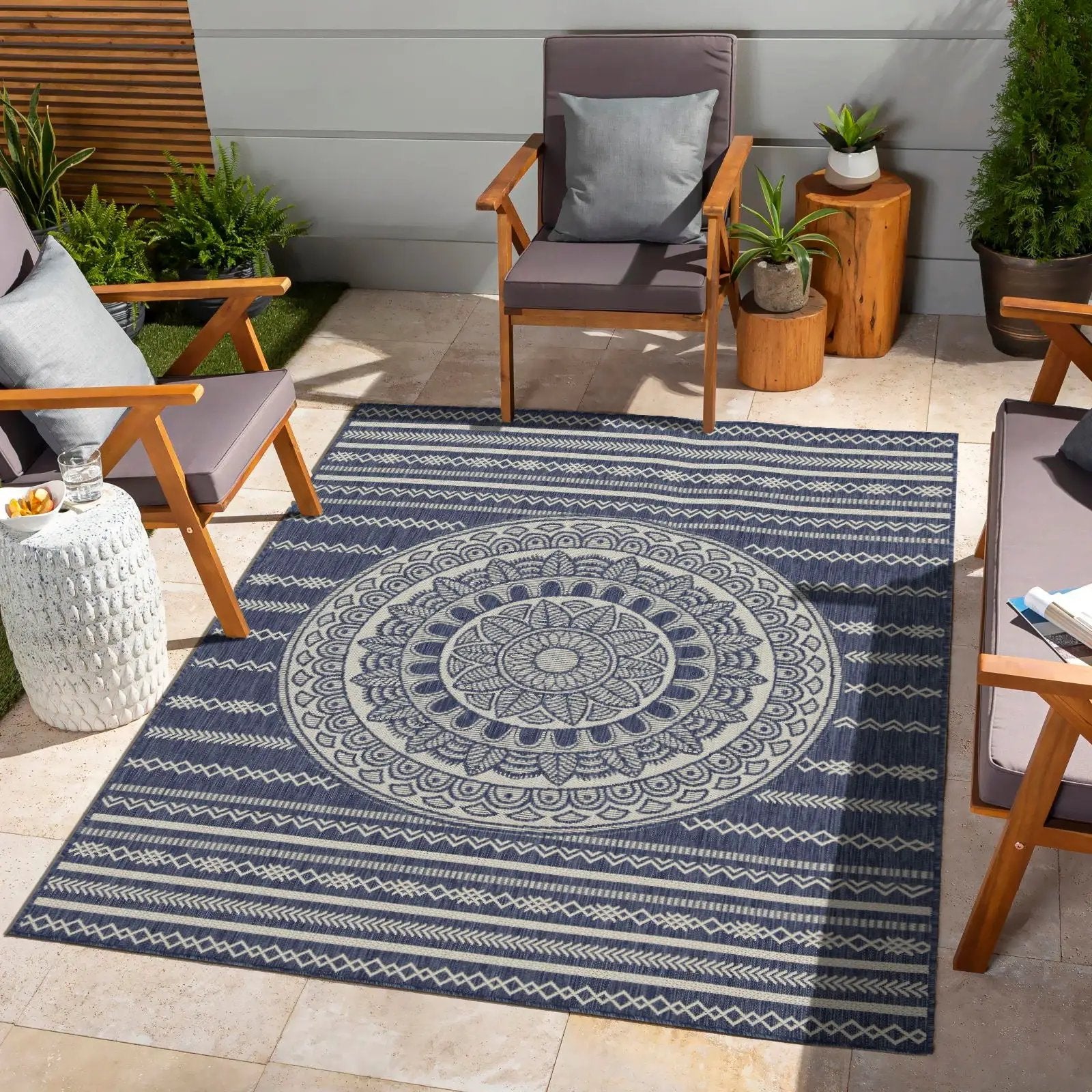Sunshine area rug navy blue mandala pattern polypropylene by Unique Piece Furniture on Tampa Home & Garden Store