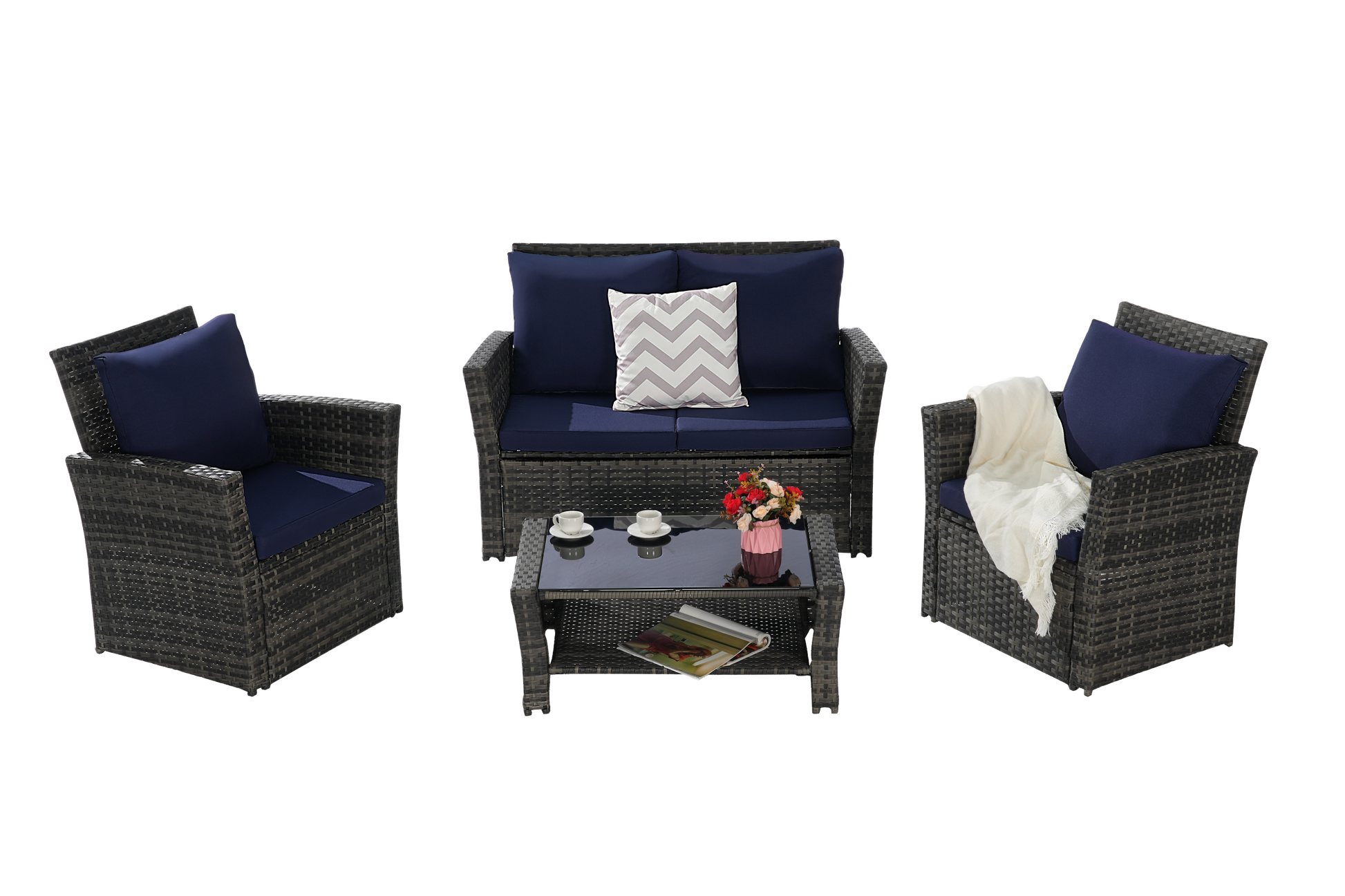 4-piece outdoor patio set with navy cushions on wicker chairs and tempered glass coffee table on Tampa Home & Garden Store
