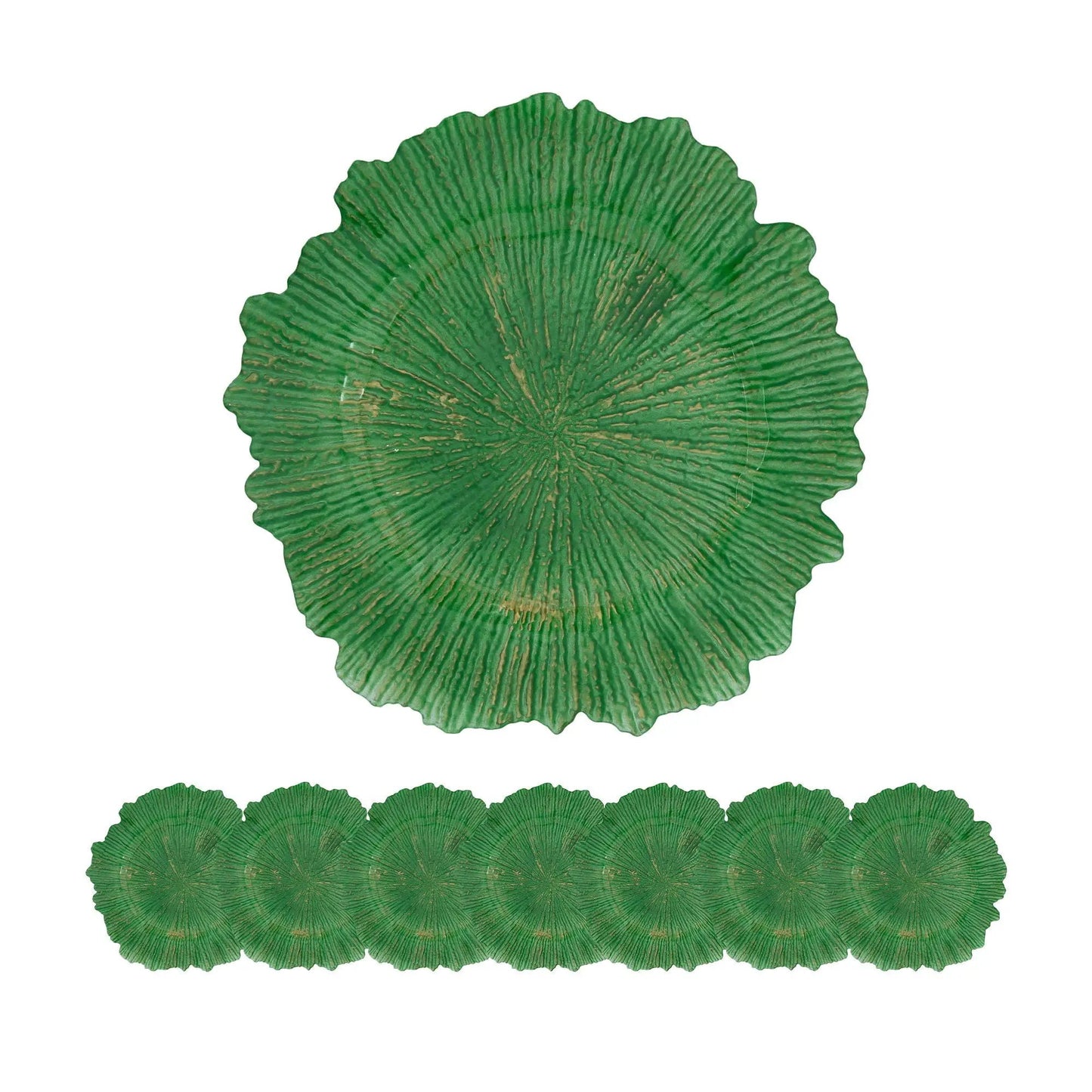 Plastic charger plate set of 8 in green with scalloped leaf shape and textured veining on Tampa Home & Garden Store