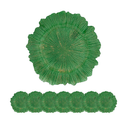 Plastic charger plate set of 8 in green with scalloped leaf shape and textured veining on Tampa Home & Garden Store