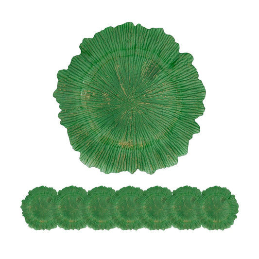 Plastic charger plate set of 8 in green with scalloped leaf shape and textured veining on Tampa Home & Garden Store