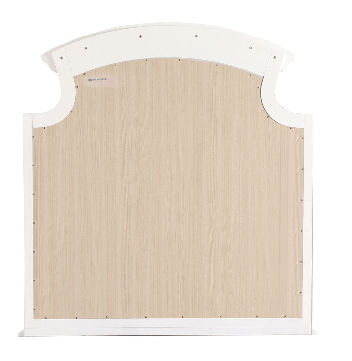 Mirror back with white curved trim and natural wood veneer panel on Tampa Home & Garden Store