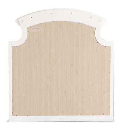Mirror back with white curved trim and natural wood veneer panel on Tampa Home & Garden Store