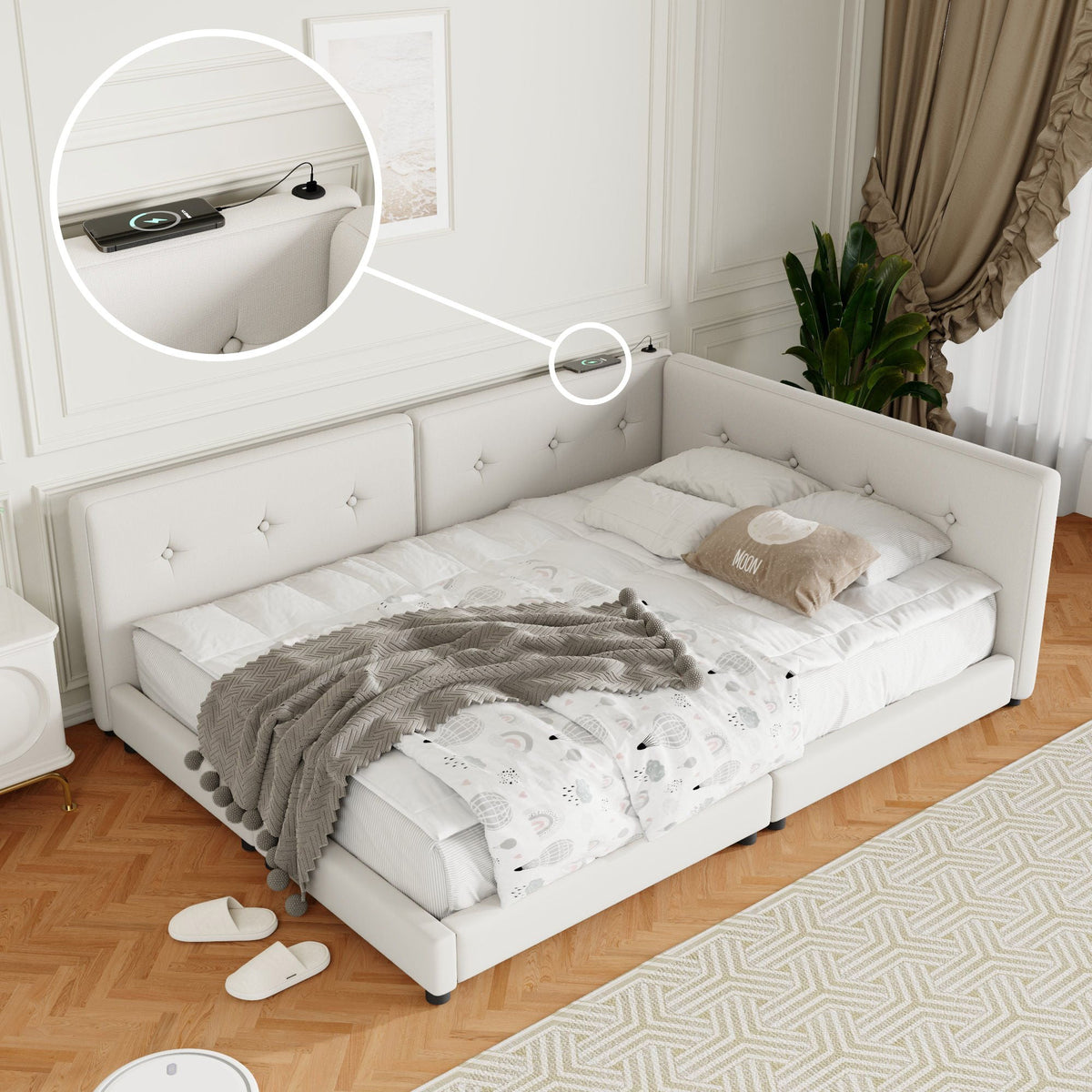 Modern upholstered platform bed with USB ports and LED belt in light gray fabric HouseOfZazla on Tampa Home & Garden Store