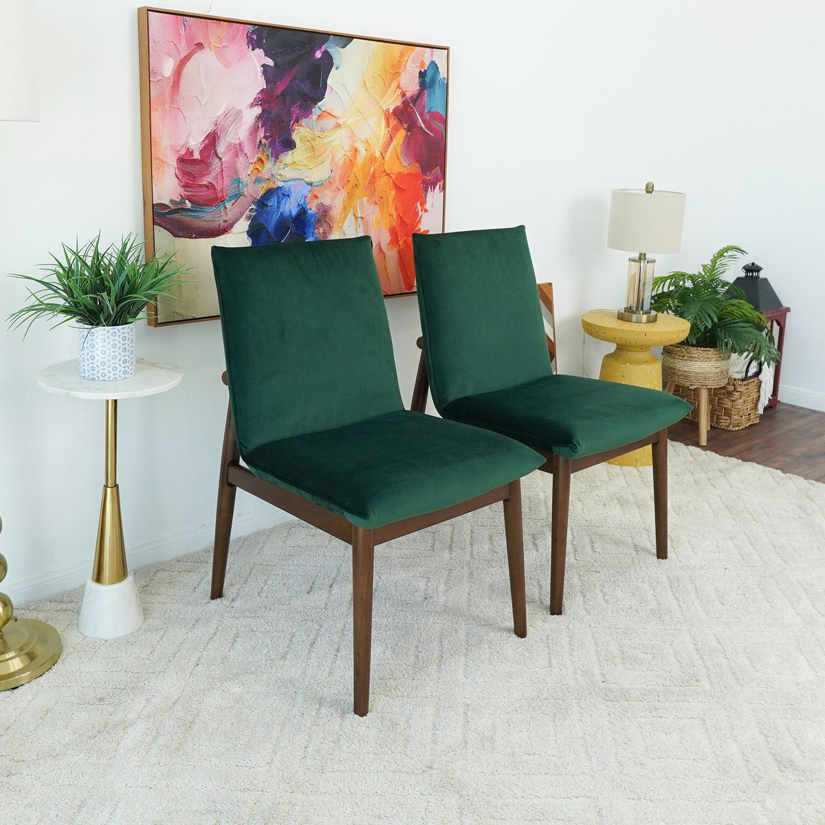 Monza Contemporary Dining Chair Set with solid wood frame in dark green upholstery on Tampa Home & Garden Store