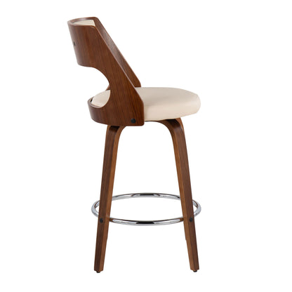 Mid-Century Modern counter stool with swivel, dark brown wood frame and beige cushion, chrome footrest on Tampa Home & Garden Store
