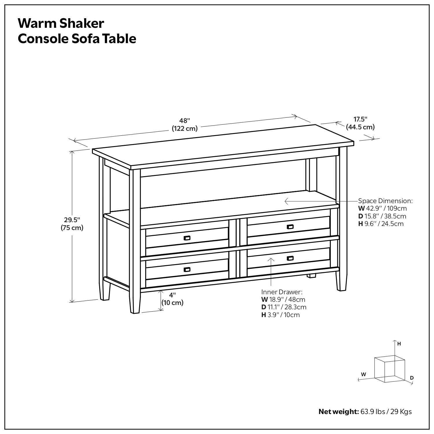 Warm Shaker Handcrafted Console Sofa Table, 48in L x 17.5in D x 29.5in H, 2-drawer on Tampa Home & Garden Store