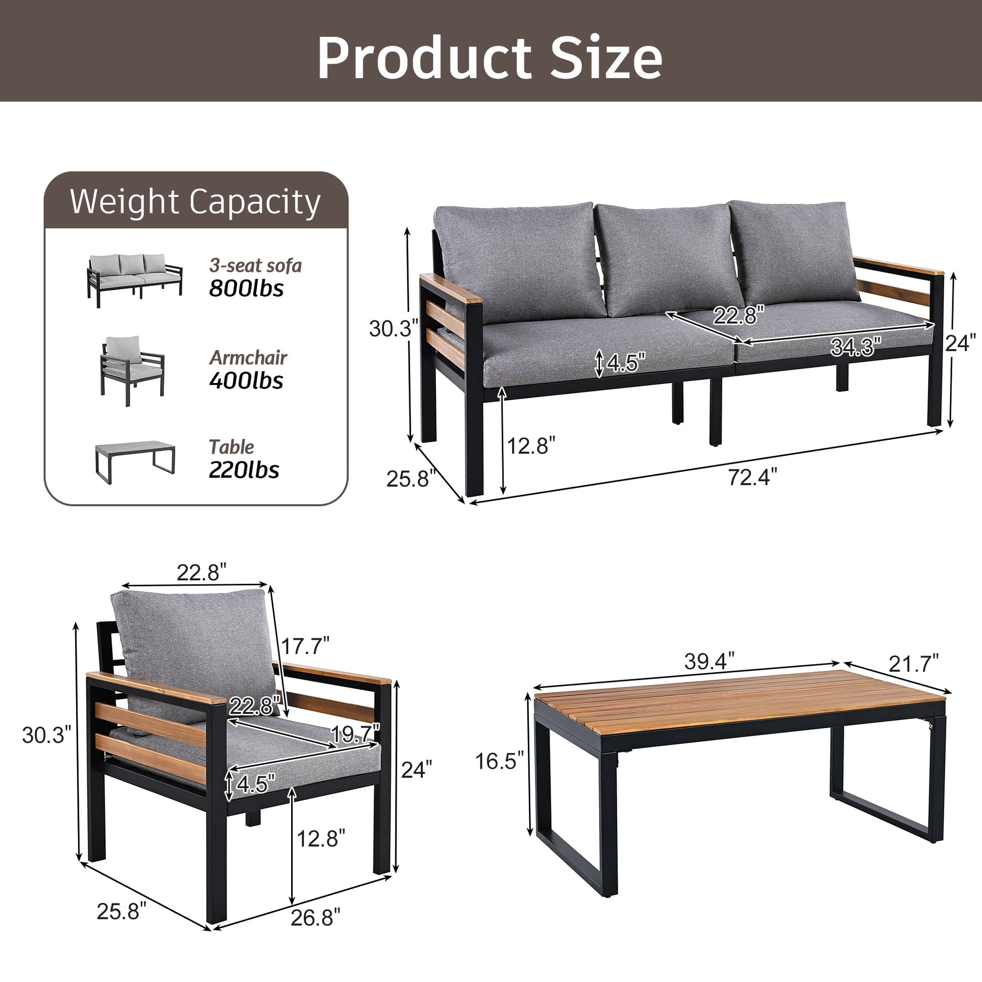 GO 4-Piece Outdoor Sofa Set for 5 People by HouseOfZazla with gray cushions and wood arms on Tampa Home & Garden Store