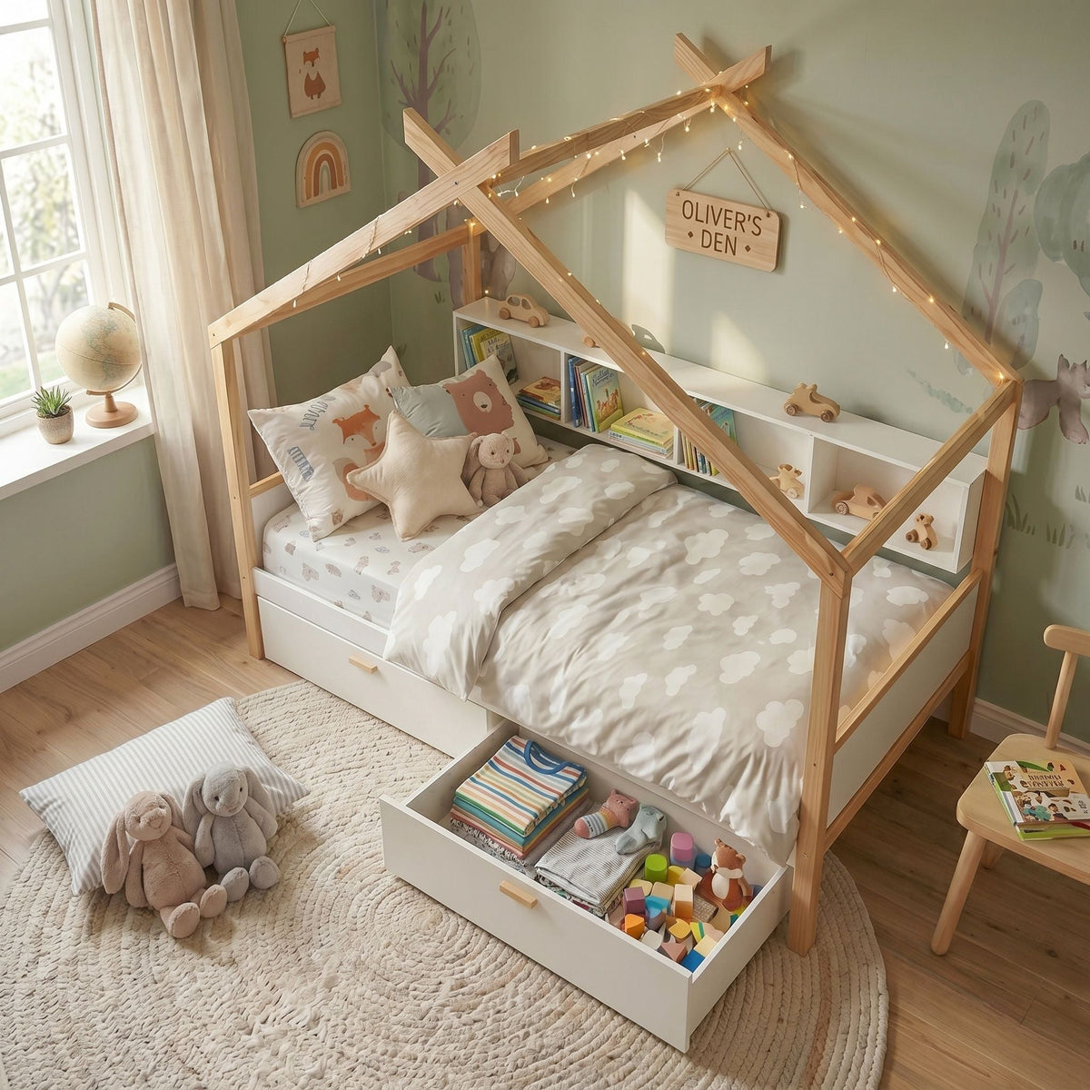 House Bed With Bookshelf Storage in natural wood with drawers by HouseOfZazla on Tampa Home & Garden Store