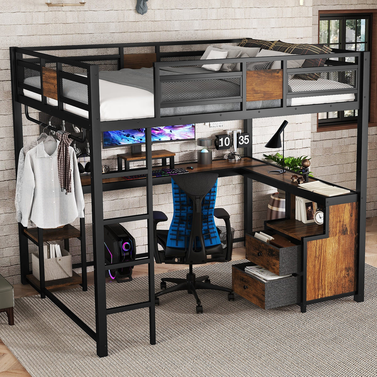 Queen Loft Bed with Desk and Storage in black metal frame by HouseOfZazla on Tampa Home & Garden Store