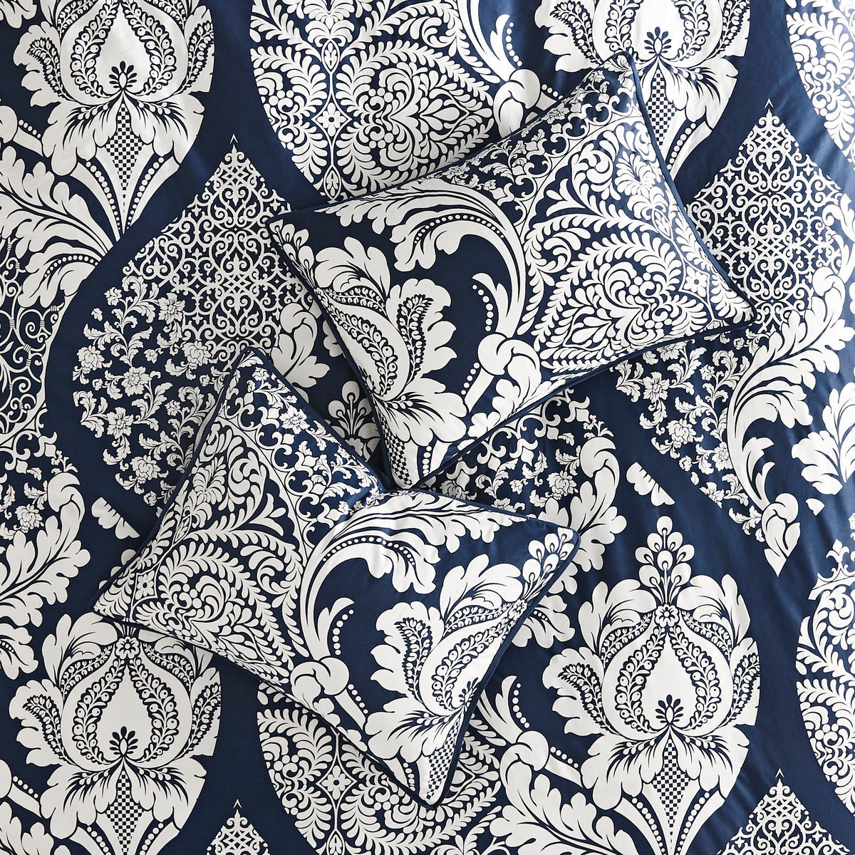 7 Piece Cotton Printed Comforter Set Indigo Queen by HouseOfZazla navy white damask print on Tampa Home & Garden Store