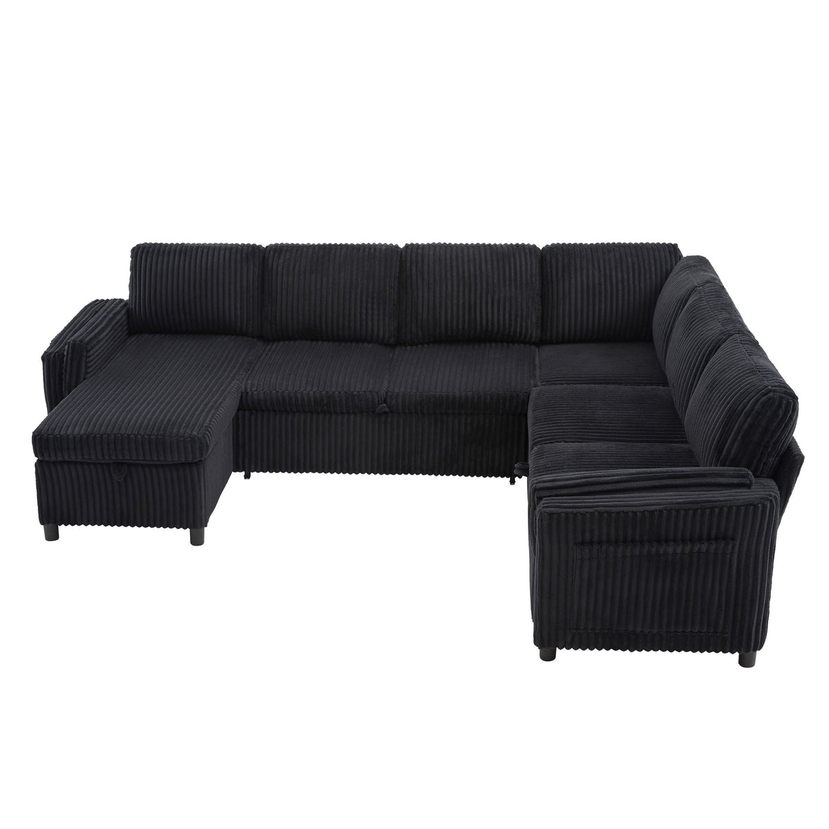 U-shaped convertible sectional sofa bed in black corduroy with USB ports and storage HouseOfZazla on Tampa Home & Garden Store