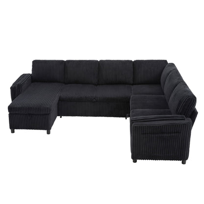 U-shaped convertible sectional sofa bed in black corduroy with USB ports and storage HouseOfZazla on Tampa Home & Garden Store