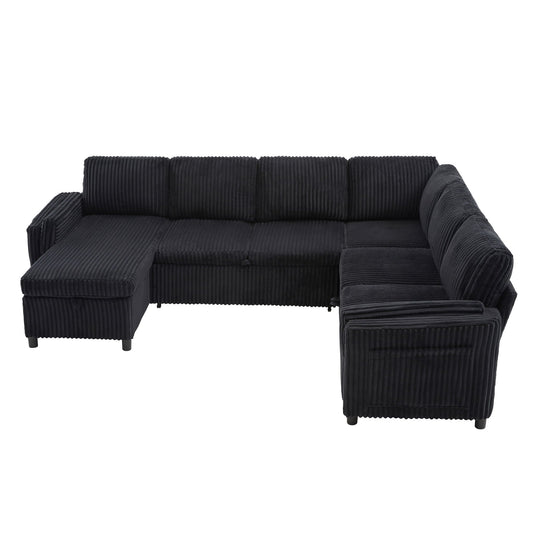 U-shaped convertible sectional sofa bed in black corduroy with USB ports and storage HouseOfZazla on Tampa Home & Garden Store