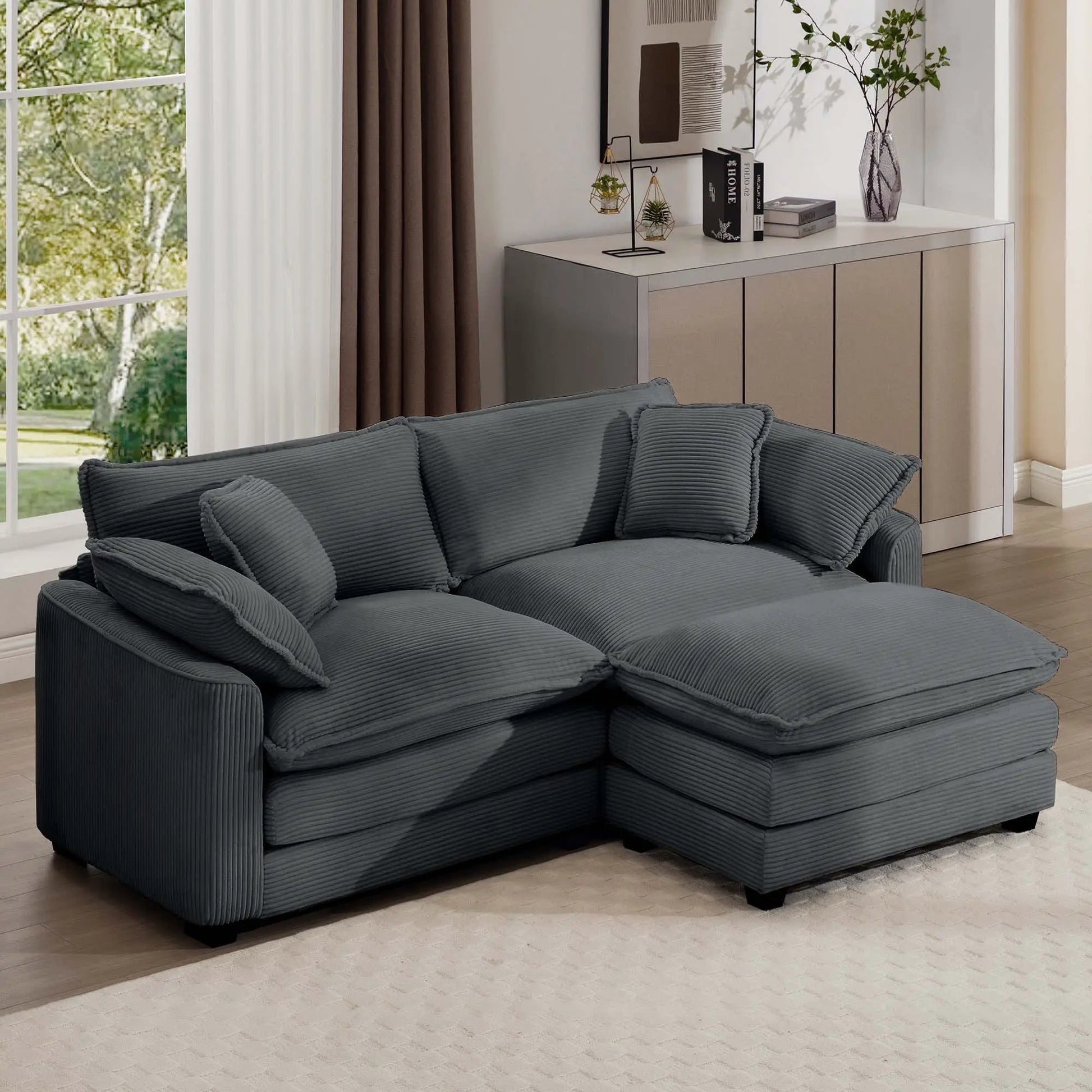 Modern oversized modular cushion sofa with ottoman in dark gray fabric, deep seating 3-piece set on Tampa Home & Garden Store