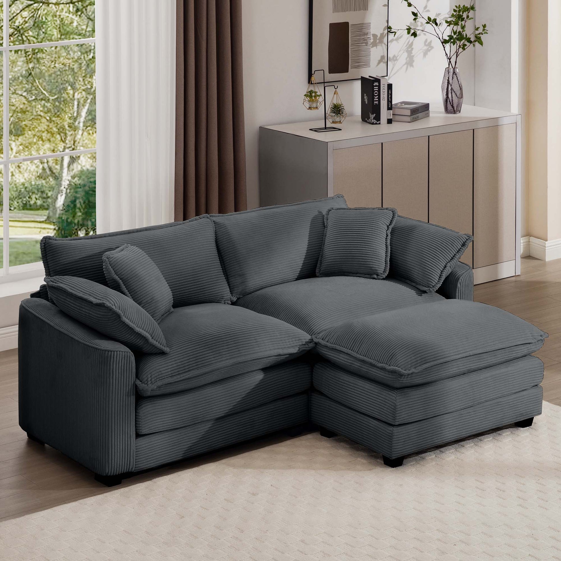Modern Oversized Modular Cushion Sofa with Ottoman, navy gray corduroy, 2-piece set on Tampa Home & Garden Store