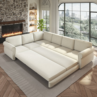 118in L-shaped convertible sofa bed in cream faux leather upholstery by HouseOfZazla on Tampa Home & Garden Store