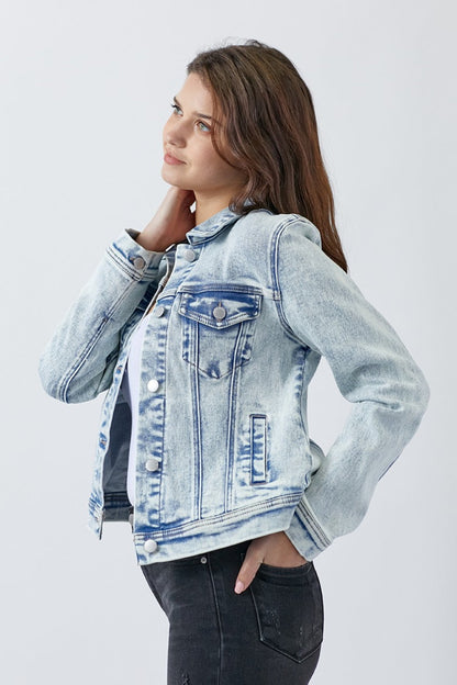 Stevvex Button Up Denim Trucker Jacket blue with front pockets for Women on Tampa Home & Garden Store