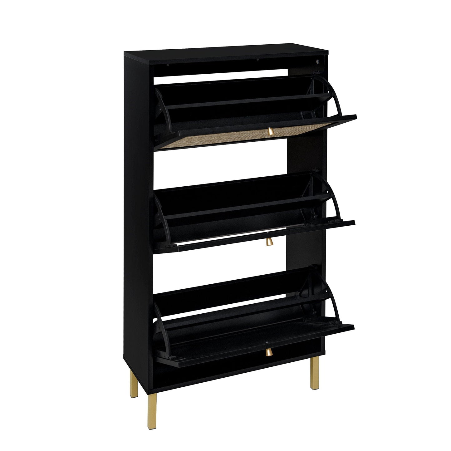 Modern Rattan 3-Door Shoe Rack Cabinet black with curved doors and gold feet on Tampa Home & Garden Store