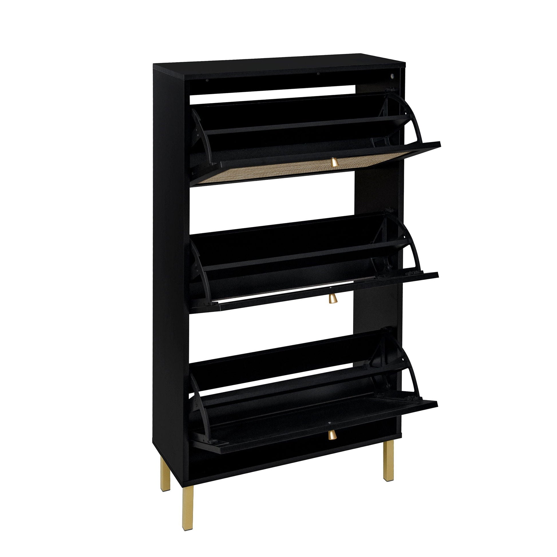Modern Rattan 3-Door Shoe Rack Cabinet black with curved doors and gold feet on Tampa Home & Garden Store