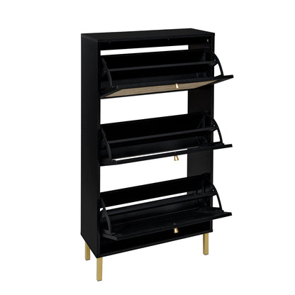 Modern Rattan 3-Door Shoe Rack Cabinet black with curved doors and gold feet on Tampa Home & Garden Store