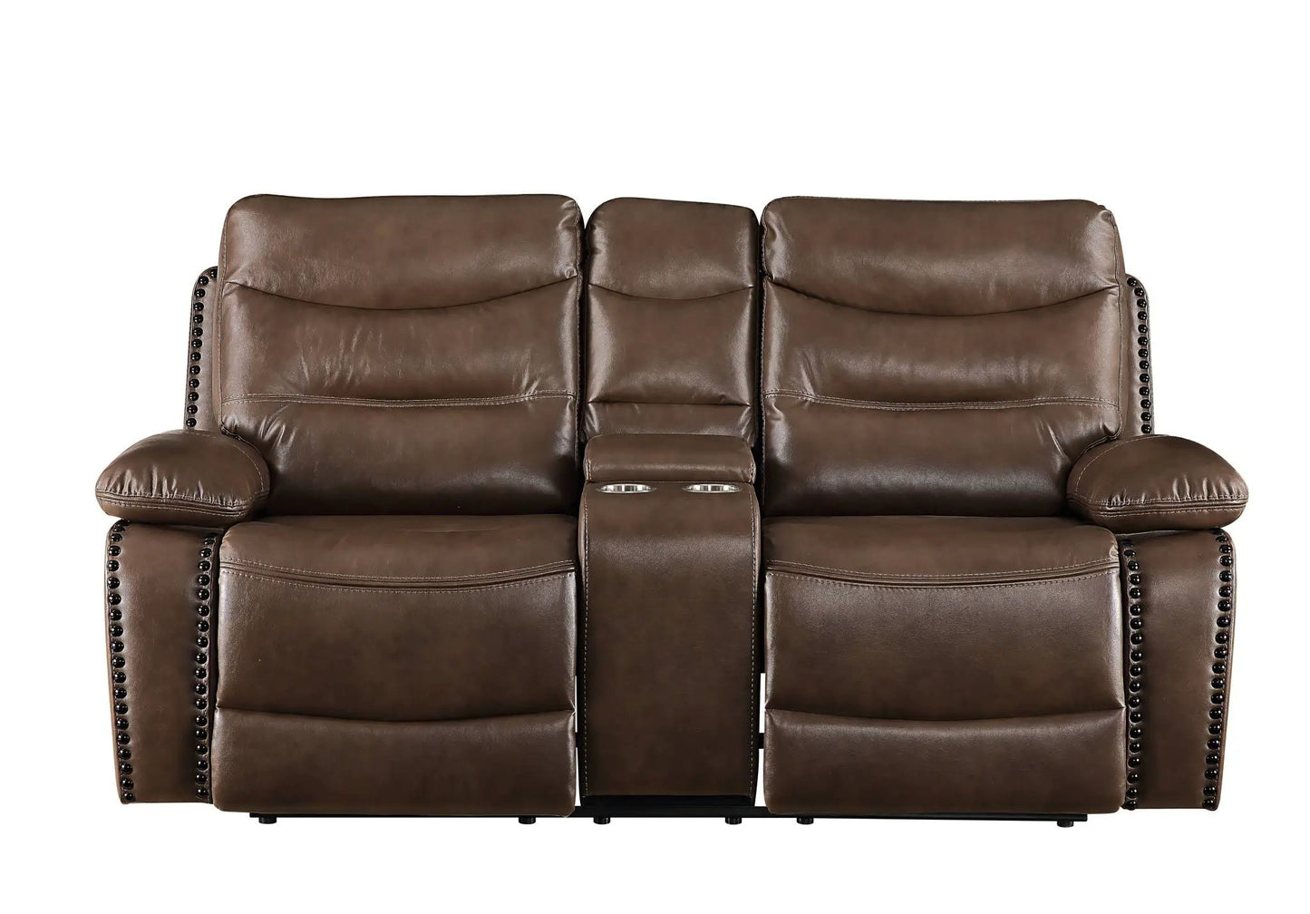 Aashi Leather Gel Match Recliner Loveseat brown leather with cupholders and nailhead Unique Piece on Tampa Home & Garden Store