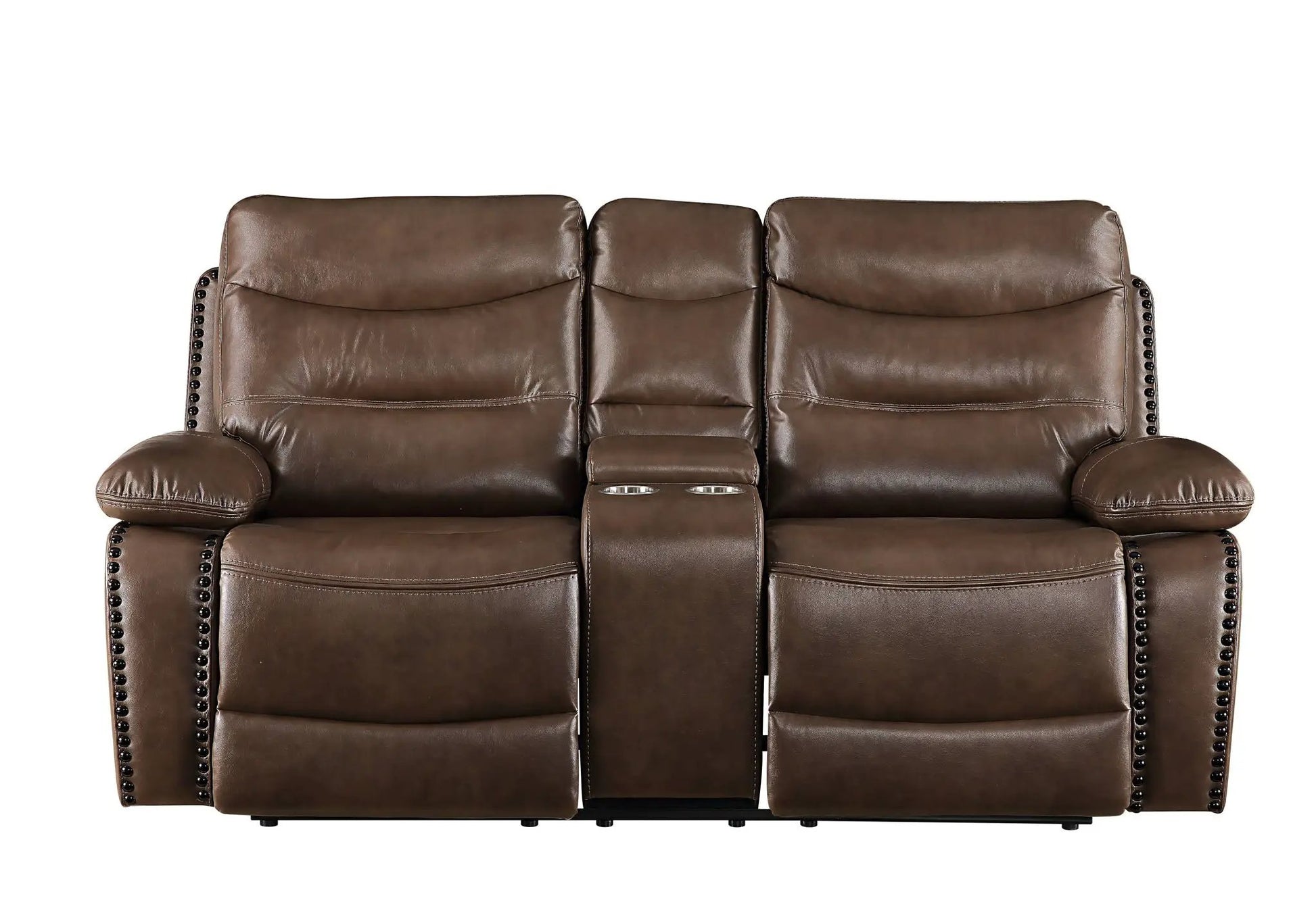 Aashi Leather Gel Match Recliner Loveseat brown leather with cupholders and nailhead Unique Piece on Tampa Home & Garden Store