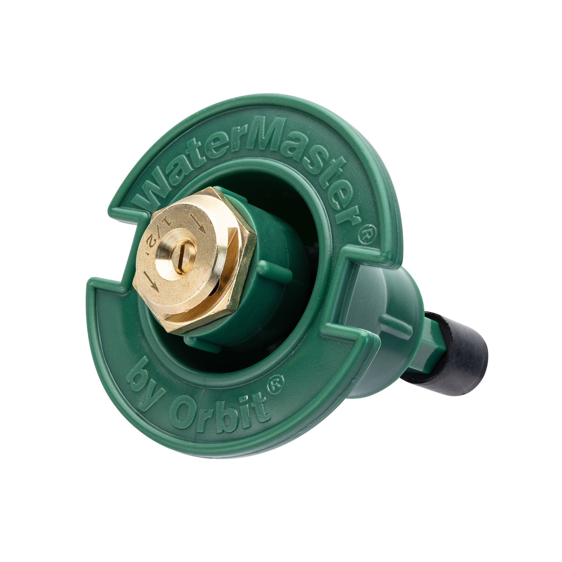 Plastic pop-up flush head with brass half-pattern nozzle, green Orbit Irrigation sprinkler head on Tampa Home & Garden Store