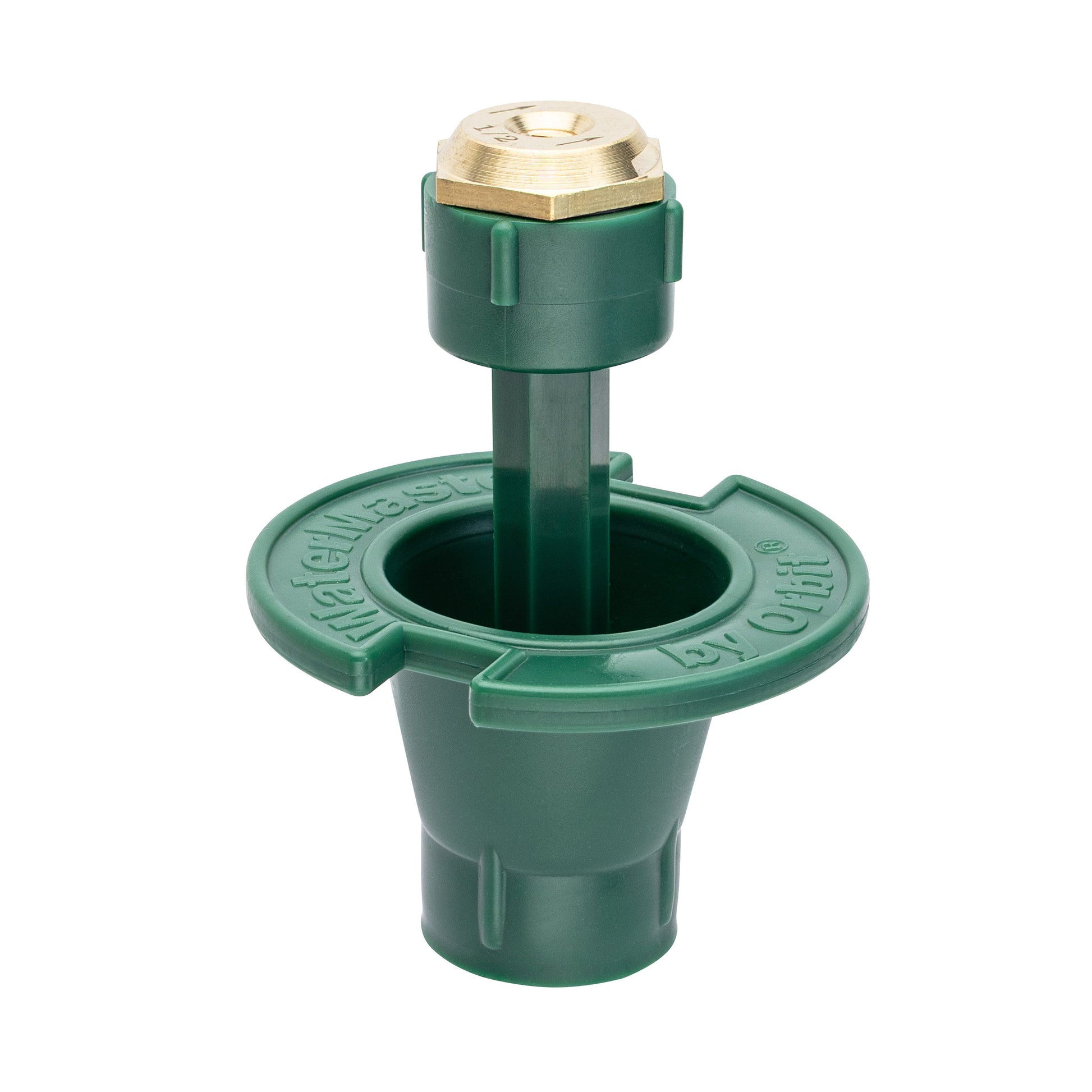 Orbit plastic pop-up flush head with brass half-pattern nozzle, green sprinkler head on Tampa Home & Garden Store