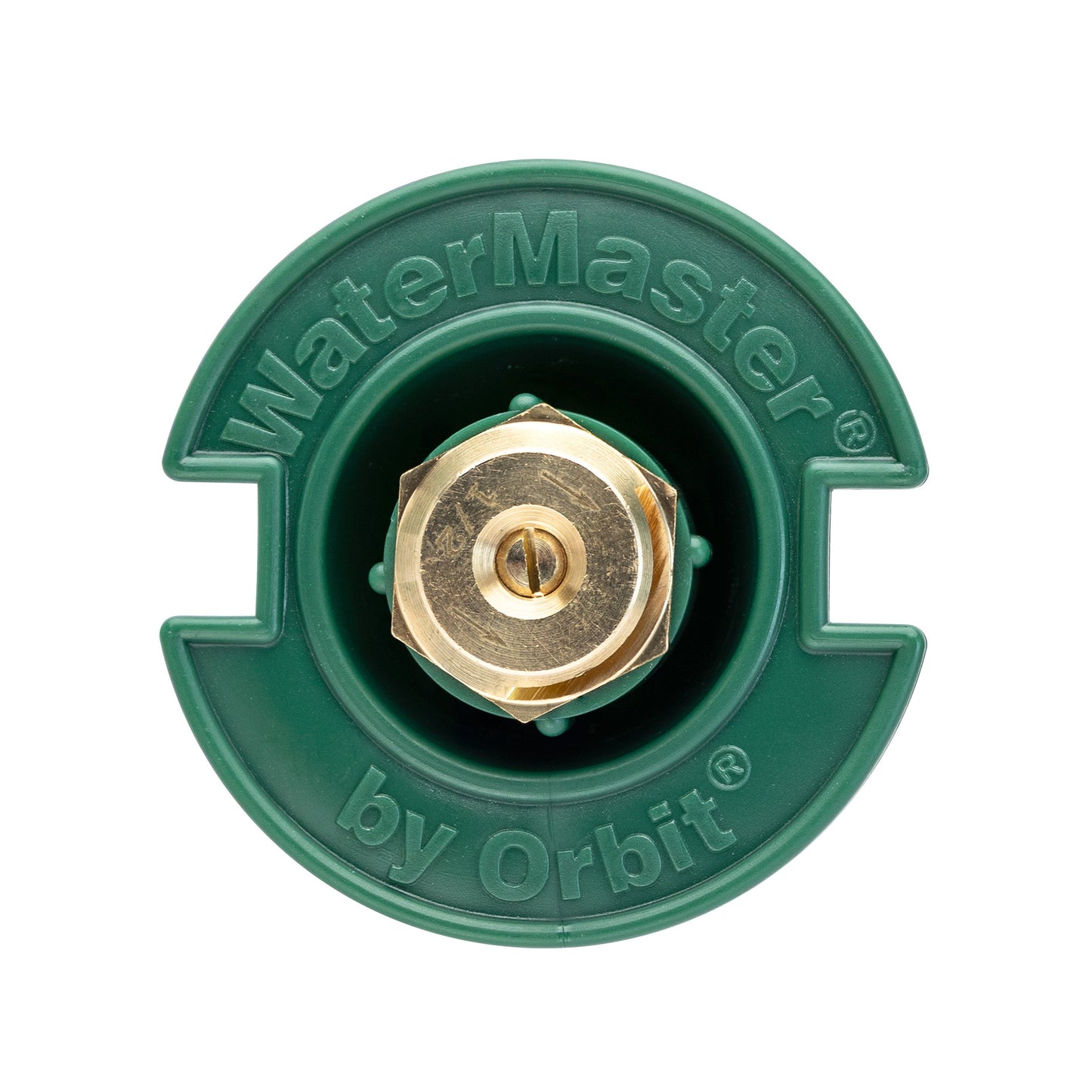 Plastic pop-up flush head with brass half-pattern nozzle by Orbit Irrigation, green body on Tampa Home & Garden Store