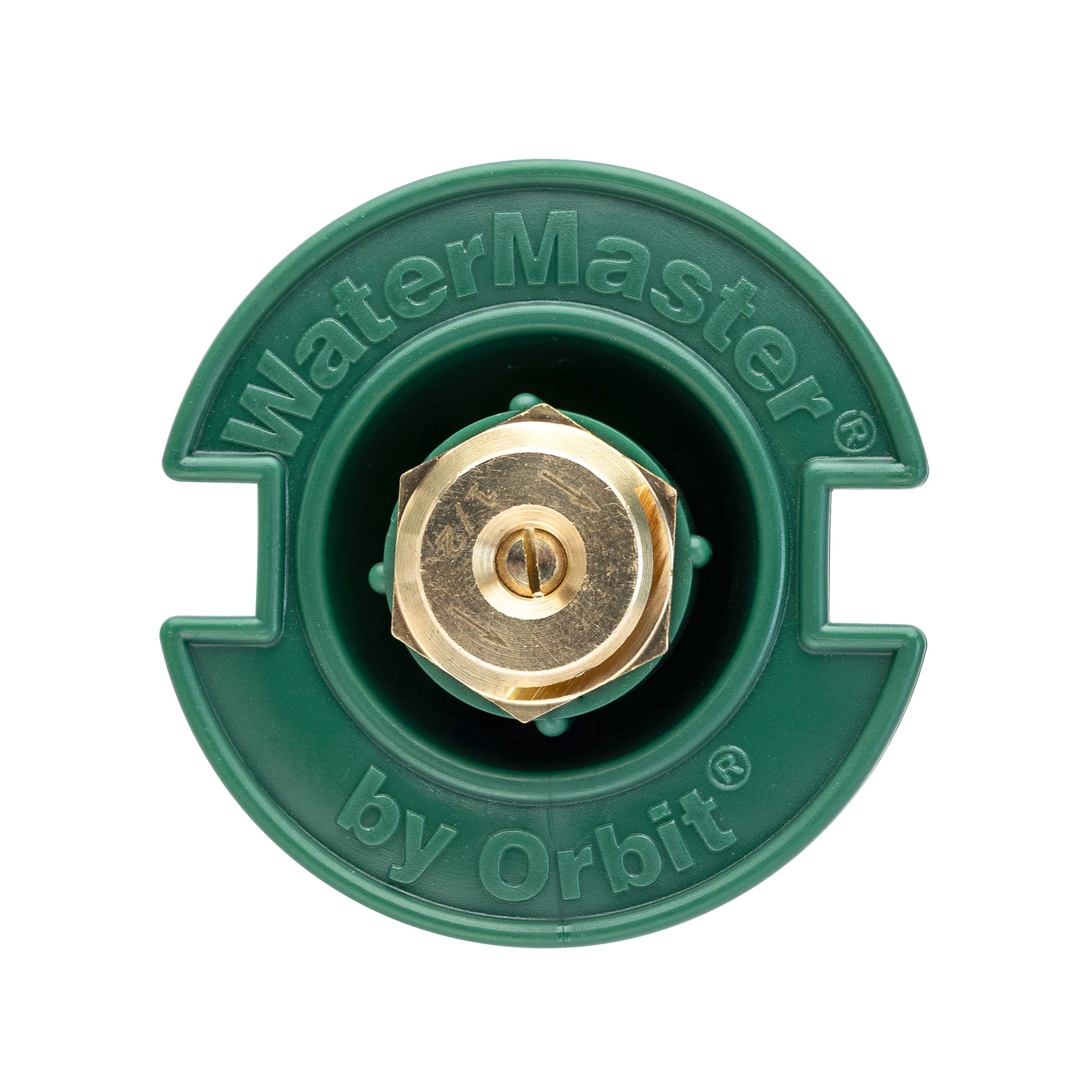 Plastic pop-up flush head with brass half-pattern nozzle by Orbit Irrigation, green body on Tampa Home & Garden Store