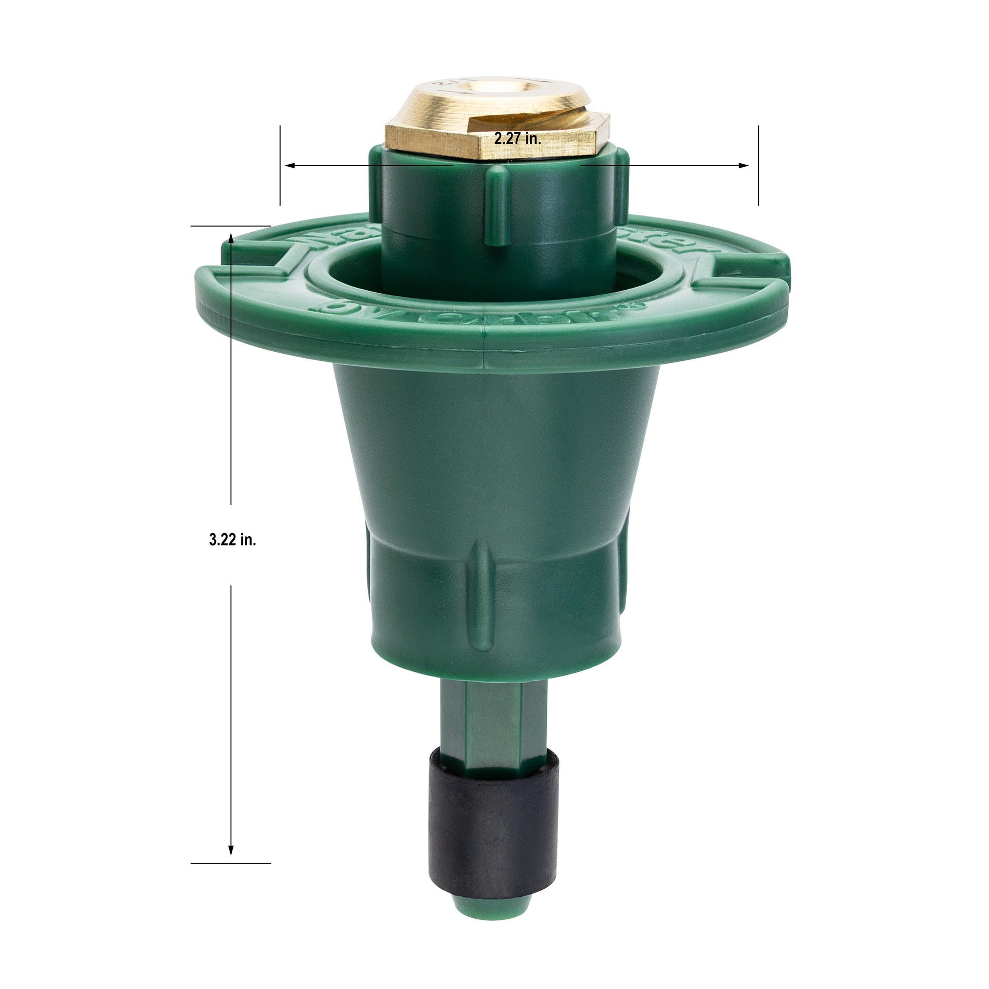 Sprinkler head Orbit plastic pop-up flush head with brass half-pattern nozzle, green body on Tampa Home & Garden Store