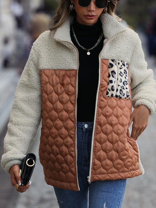 Stevvex leopard color block zip-up jacket with sherpa cream yoke and quilted body leopard pocket on Tampa Home & Garden Store