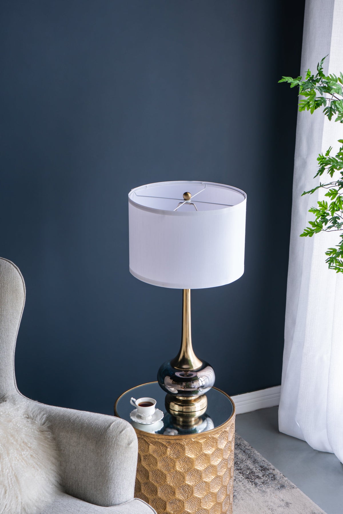 D15x29 Table Lamp with Glass Drum Shade white shade brass stem on Tampa Home & Garden Store