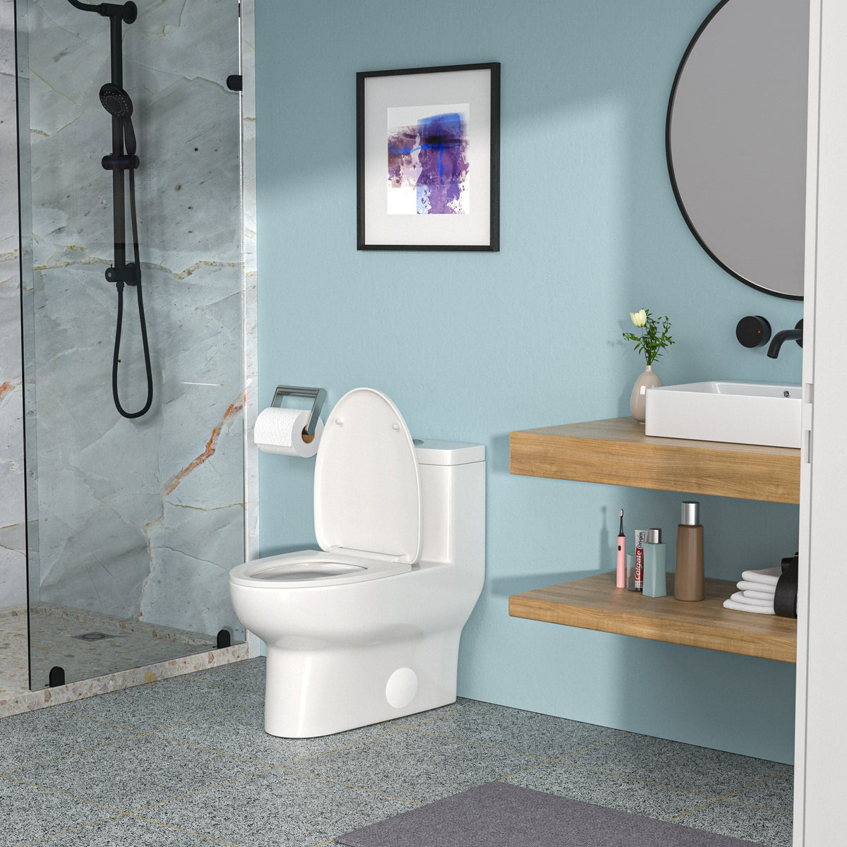 HouseOfZazla modern ceramic one-piece toilet with dual flush and soft-closing seat, white on Tampa Home & Garden Store