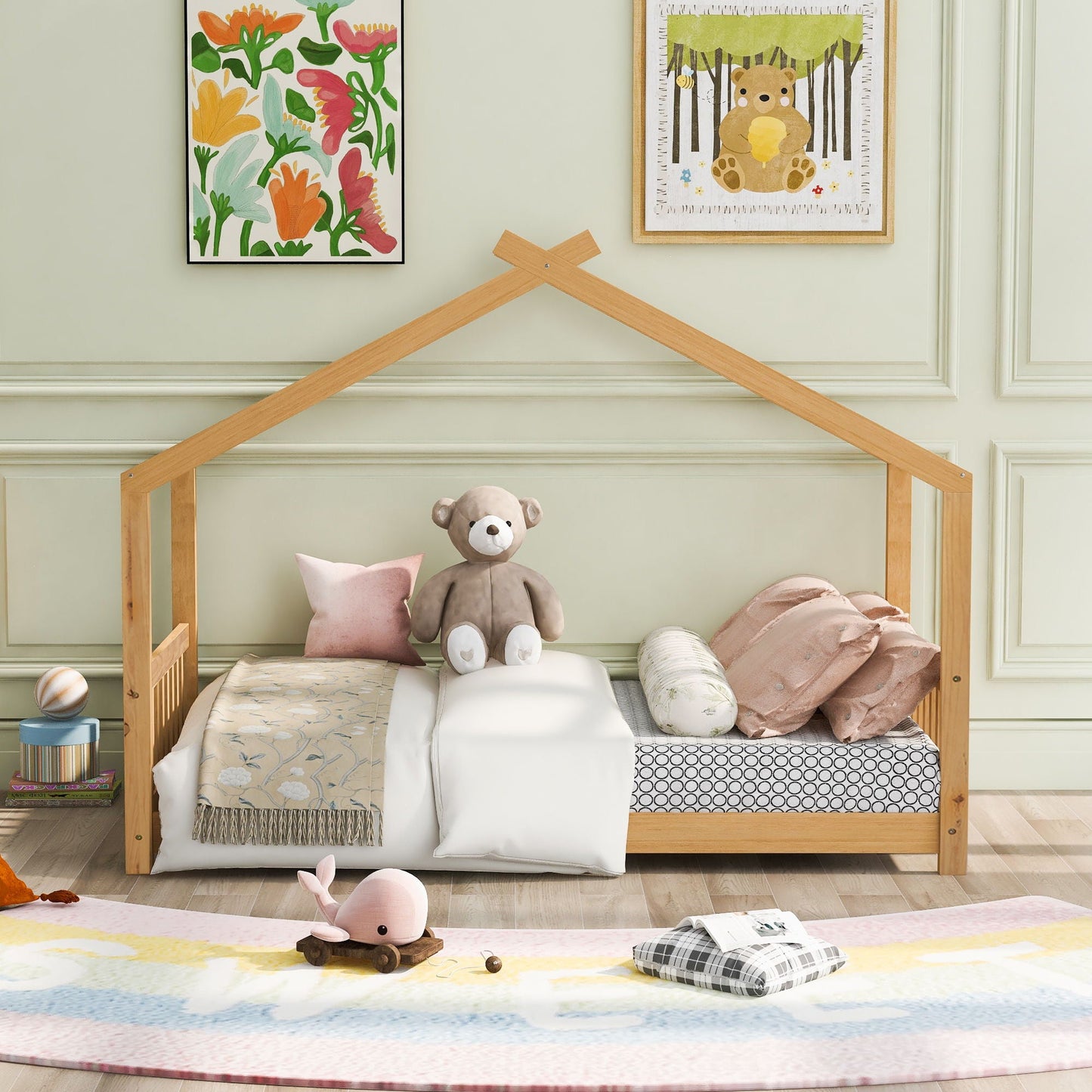 Roof-design platform bed by HouseOfZazla in natural wood with headboard and footboard on Tampa Home & Garden Store