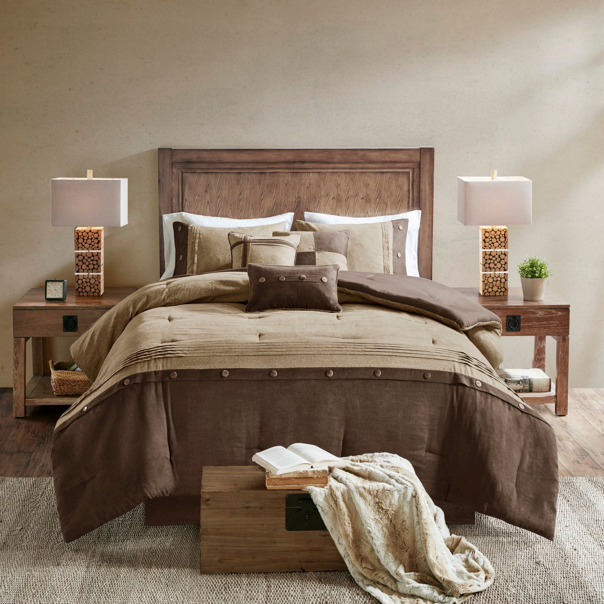 7 Piece faux suede brown comforter set California King by HouseOfZazla with coordinating pillows on Tampa Home & Garden Store