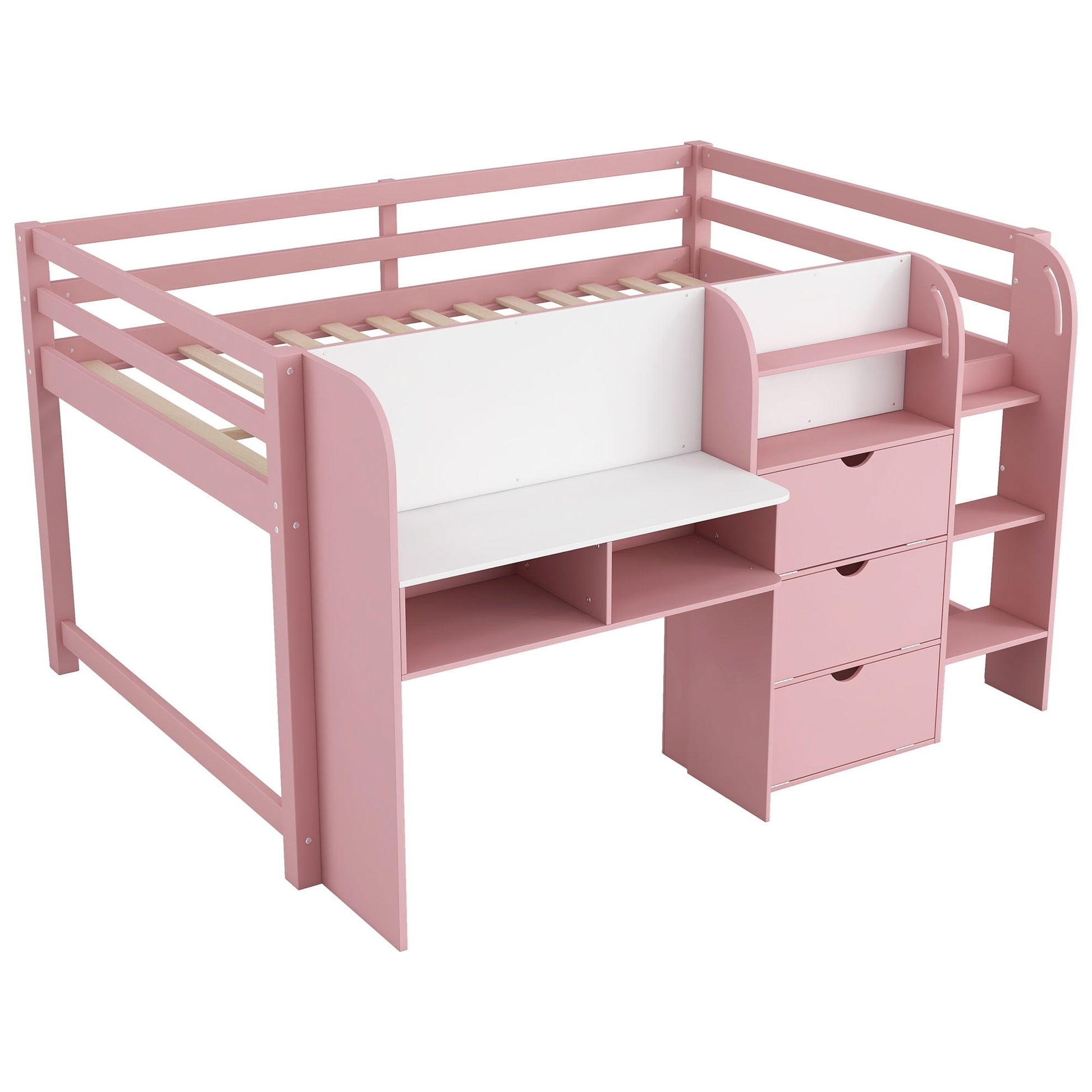 Low loft bed with built-in desk, doodle board, bookcase and storage drawers pink HouseOfZazla on Tampa Home & Garden Store
