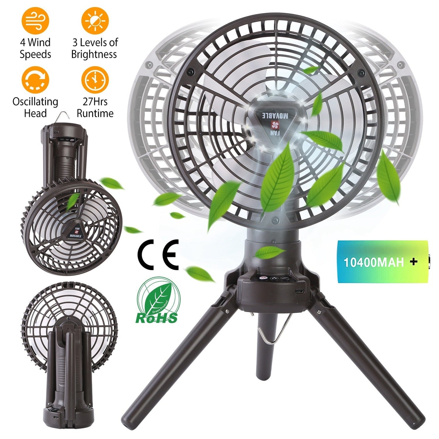 GemGear 10400mAh portable camping fan with LED light on tripod, foldable, oscillating on Tampa Home & Garden Store