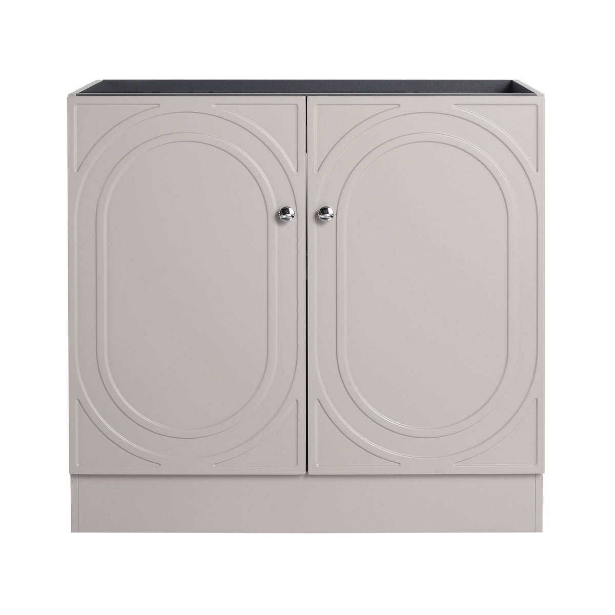 Freestanding vanity by HouseOfZazla with soft close, light gray doors with circular panels on Tampa Home & Garden Store