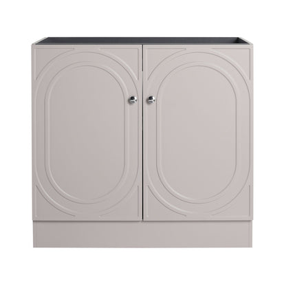 Freestanding vanity by HouseOfZazla with soft close, light gray doors with circular panels on Tampa Home & Garden Store