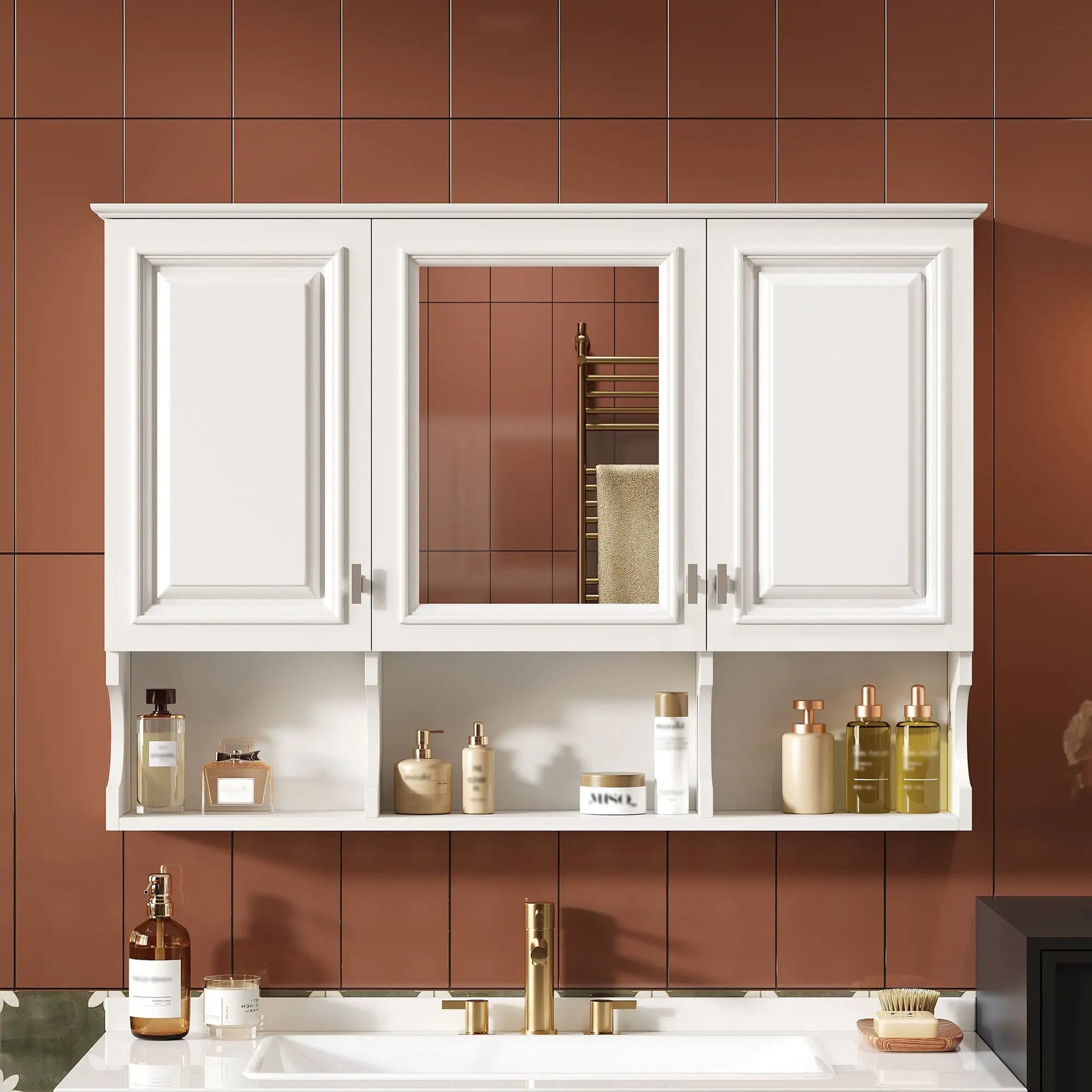 Modern white wall-mounted medicine cabinet with glass center door and open shelves on Tampa Home & Garden Store