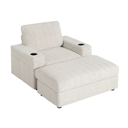 Oversized chaise lounge in cream rabbit fur, storage ottoman, cup holders, deep seat on Tampa Home & Garden Store